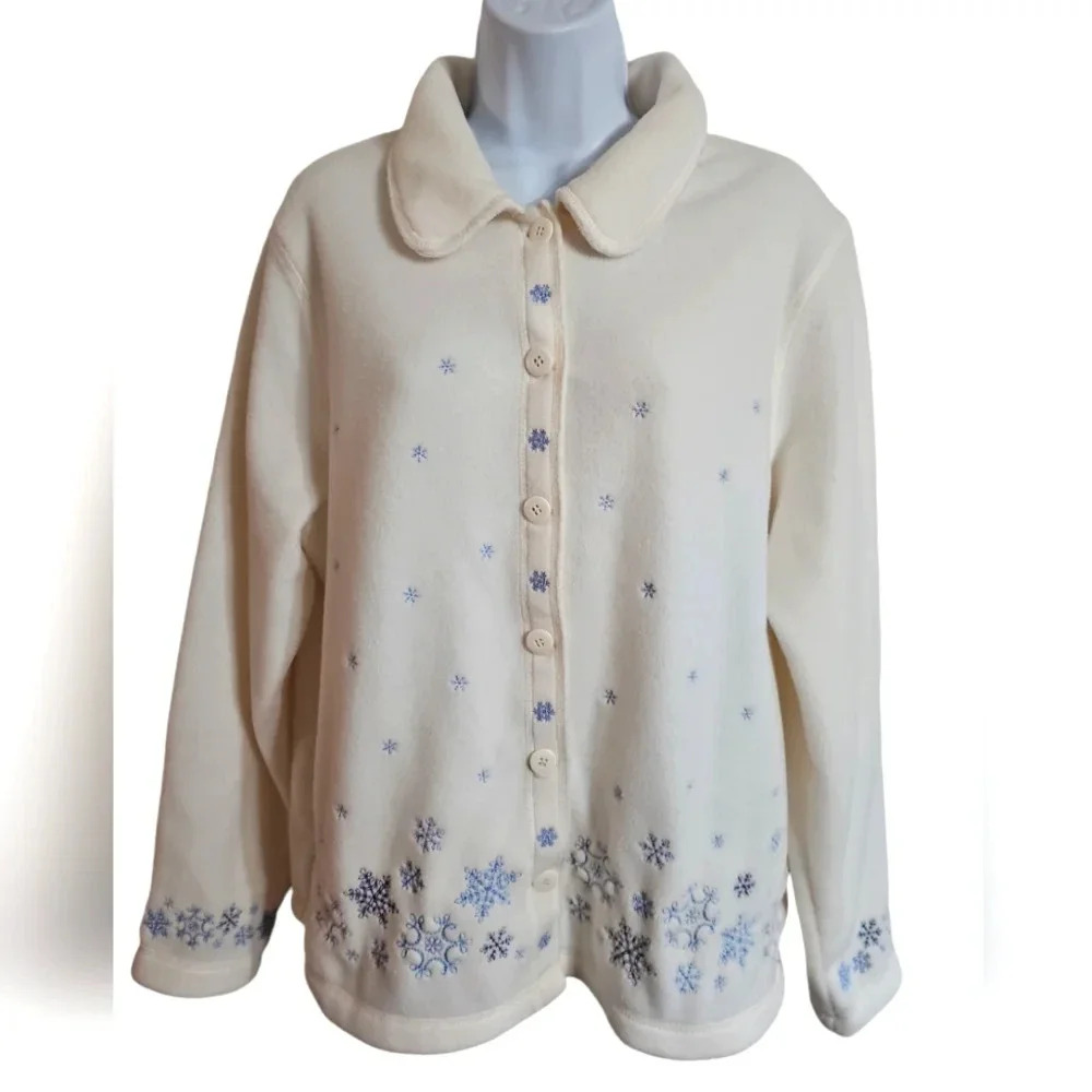 Croft & Barrow Women XL Fleece White Snowflake Jacket Button Iconic Grandmacore - Picture 2 of 7